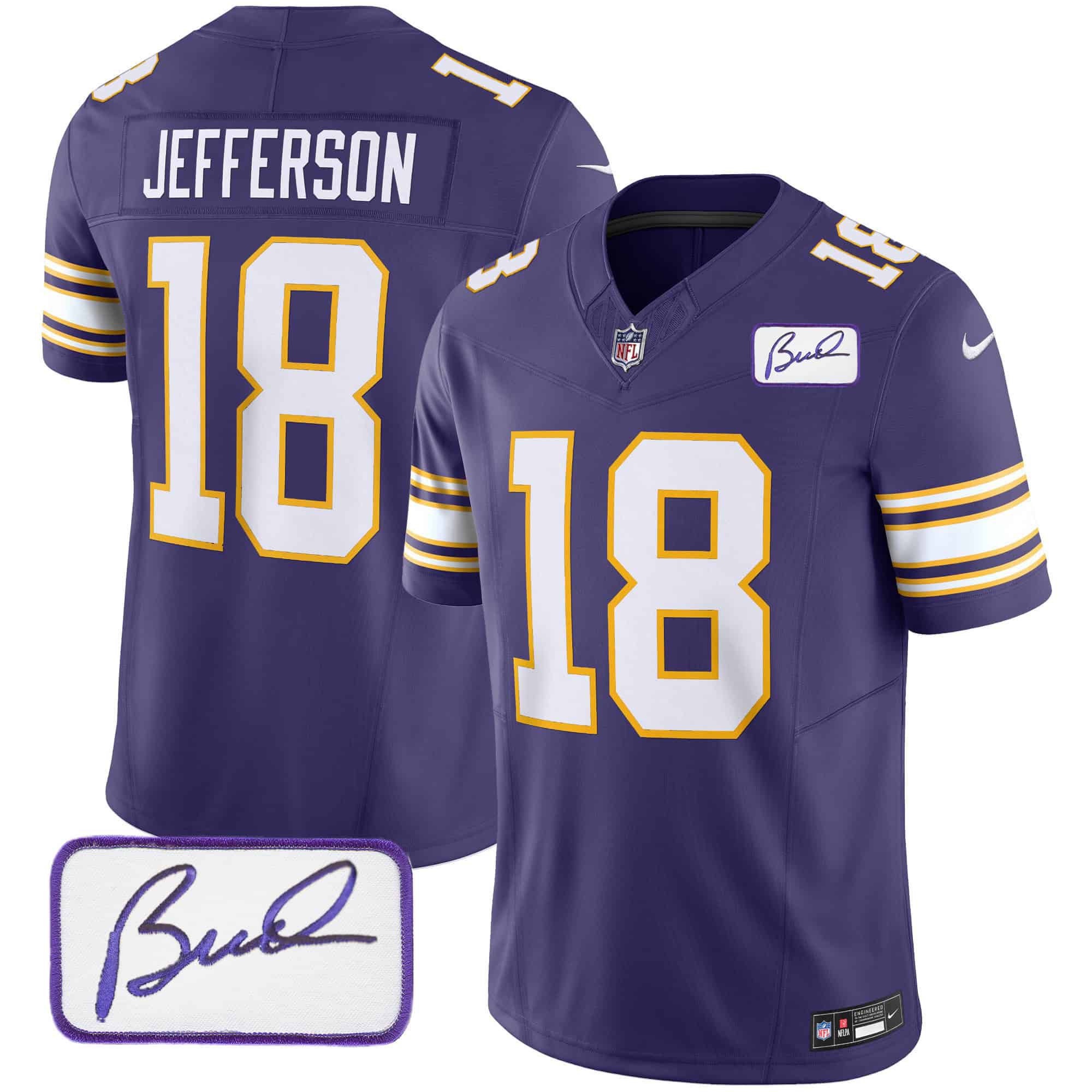Men Minnesota Vikings #18 Jefferson Purple 2024 Nike Bud Grant Patch Classic Limited NFL Jersey style 1